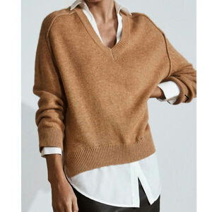 Brochu Walker The Looker Camel Tan Cashmere Oversize V-Neck Sweater White Layer